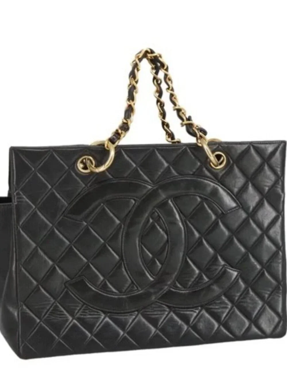 CHANEL Matelasse Chain Hand Bag Lamb Skin Black Gold CC Auth yk15908V